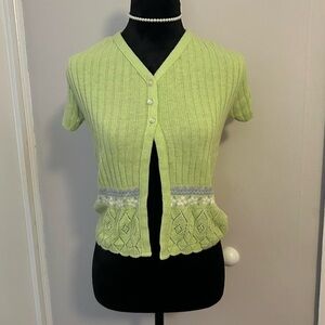 *VINTAGE* Airport Girls! Green Ribbed Top with Floral Embroidery